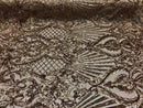 4 Way Stretch Damask Pattern Sequins Fabric Champagne Fancy Embroidered Prom-Gown By The Yard