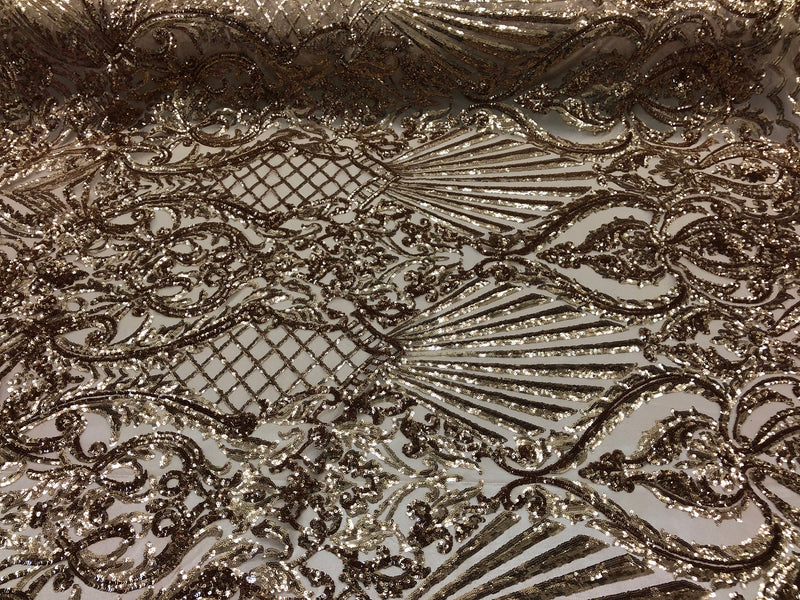 4 Way Stretch Damask Pattern Sequins Fabric Champagne Fancy Embroidered Prom-Gown By The Yard