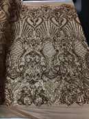 4 Way Stretch Damask Pattern Sequins Fabric Champagne Fancy Embroidered Prom-Gown By The Yard