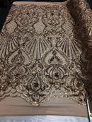 4 Way Stretch Damask Pattern Sequins Fabric Champagne Fancy Embroidered Prom-Gown By The Yard