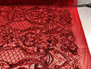 4 Way Stretch Damask Pattern Sequins Fabric Red Fancy Embroidered Mesh Design Fashion By The Yard