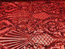 4 Way Stretch Damask Pattern Sequins Fabric Red Fancy Embroidered Mesh Design Fashion By The Yard