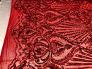 4 Way Stretch Damask Pattern Sequins Fabric Red Fancy Embroidered Mesh Design Fashion By The Yard
