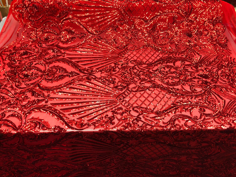 4 Way Stretch Damask Pattern Sequins Fabric Red Fancy Embroidered Mesh Design Fashion By The Yard