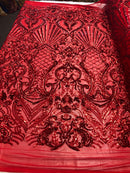4 Way Stretch Damask Pattern Sequins Fabric Red Fancy Embroidered Mesh Design Fashion By The Yard