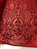 4 Way Stretch Damask Pattern Sequins Fabric Red Fancy Embroidered Mesh Design Fashion By The Yard