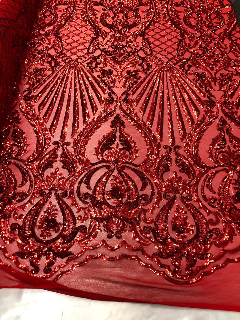4 Way Stretch Damask Pattern Sequins Fabric Red Fancy Embroidered Mesh Design Fashion By The Yard