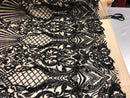 4 Way Stretch Damask Pattern Sequins Fabric Black Fancy Embroidered On A Mesh Nude By The Yard