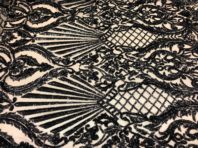 4 Way Stretch Damask Pattern Sequins Fabric Black Fancy Embroidered On A Mesh Nude By The Yard