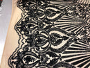 4 Way Stretch Damask Pattern Sequins Fabric Black Fancy Embroidered On A Mesh Nude By The Yard