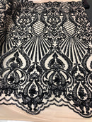 4 Way Stretch Damask Pattern Sequins Fabric Black Fancy Embroidered On A Mesh Nude By The Yard