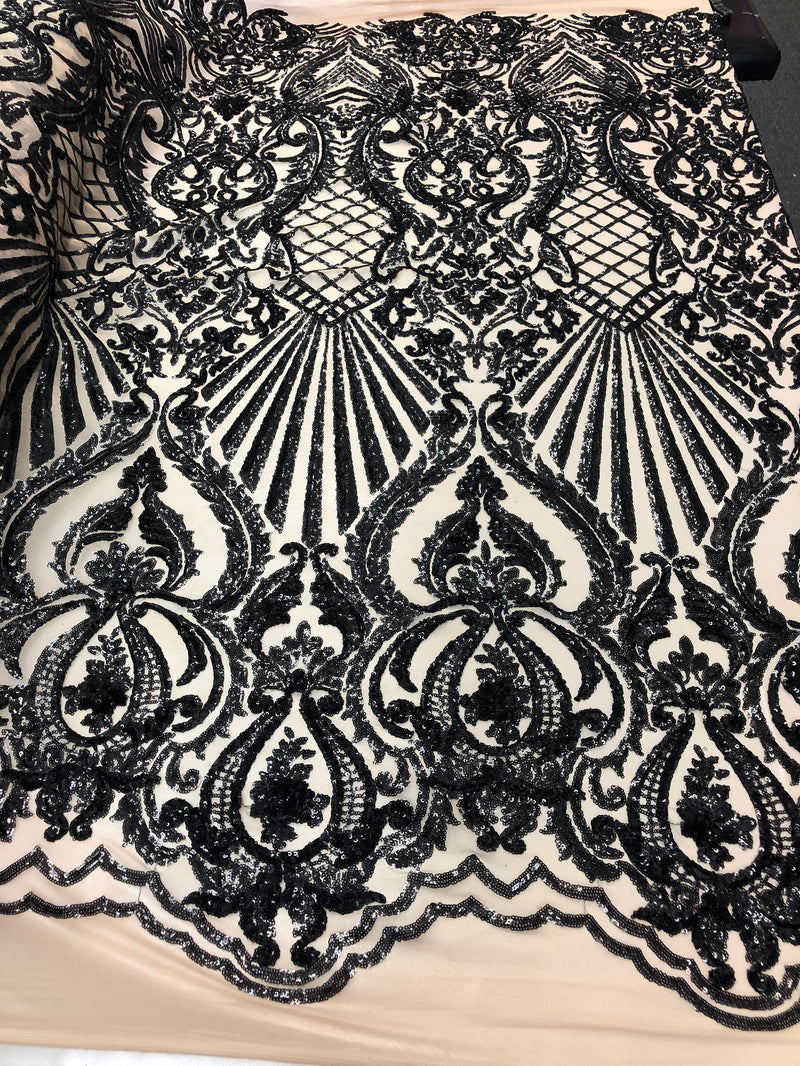 4 Way Stretch Damask Pattern Sequins Fabric Black Fancy Embroidered On A Mesh Nude By The Yard