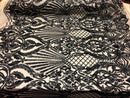 4 Way Stretch Damask Pattern Sequins Fabric Black Fancy Embroidered On A Mesh Nude By The Yard