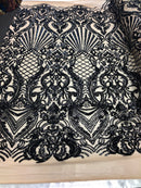 4 Way Stretch Damask Pattern Sequins Fabric Black Fancy Embroidered On A Mesh Nude By The Yard
