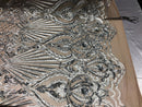 4 Way Stretch Damask Pattern Sequins Fabric Silver Fancy Embroidered Mesh Design Fashion By Yard