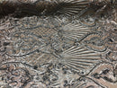 4 Way Stretch Damask Pattern Sequins Fabric Silver Fancy Embroidered Mesh Design Fashion By Yard