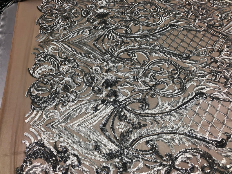 4 Way Stretch Damask Pattern Sequins Fabric Silver Fancy Embroidered Mesh Design Fashion By Yard