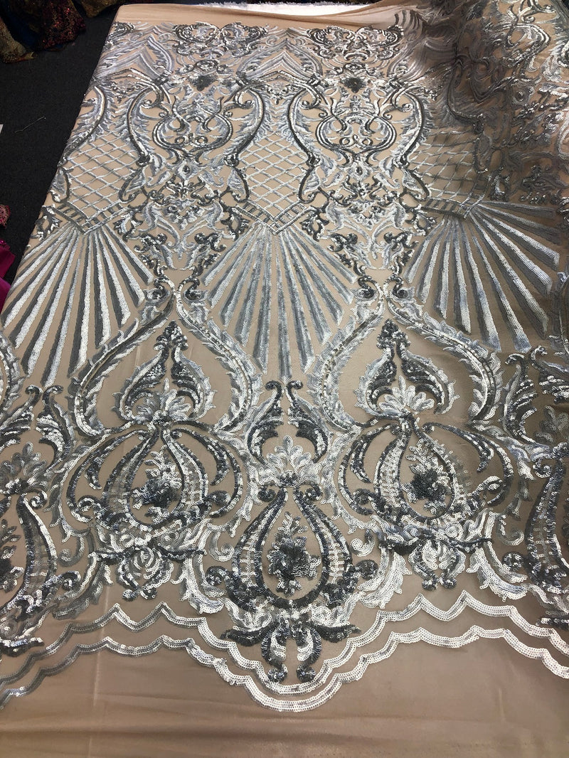 4 Way Stretch Damask Pattern Sequins Fabric Silver Fancy Embroidered Mesh Design Fashion By Yard