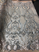 4 Way Stretch Damask Pattern Sequins Fabric Silver Fancy Embroidered Mesh Design Fashion By Yard