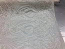 4 Way Stretch Damask Pattern Sequins Fabric White Fancy Embroidered Mesh Fashion Fabric By The Yard