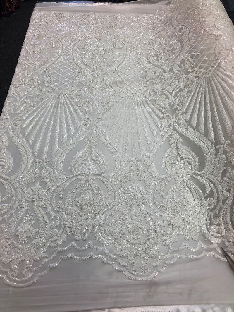 4 Way Stretch Damask Pattern Sequins Fabric White Fancy Embroidered Mesh Fashion Fabric By The Yard