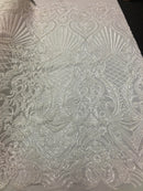 4 Way Stretch Damask Pattern Sequins Fabric White Fancy Embroidered Mesh Fashion Fabric By The Yard