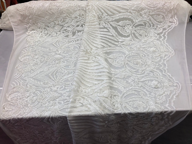 4 Way Stretch Damask Pattern Sequins Fabric White Fancy Embroidered Mesh Fashion Fabric By The Yard