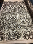 4 Way Stretch Damask Pattern Sequins Fabric Gold Fancy Embroidered Fashion-Prom-Gown By The Yard