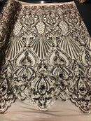 4 Way Stretch Damask Pattern Sequins Fabric Gold Fancy Embroidered Fashion-Prom-Gown By The Yard