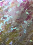 Iridescent Oval Tear Drop Sequins Fabric Irisdescent Ivory/Pink Mermaid Shiny Fabrics By The Yard
