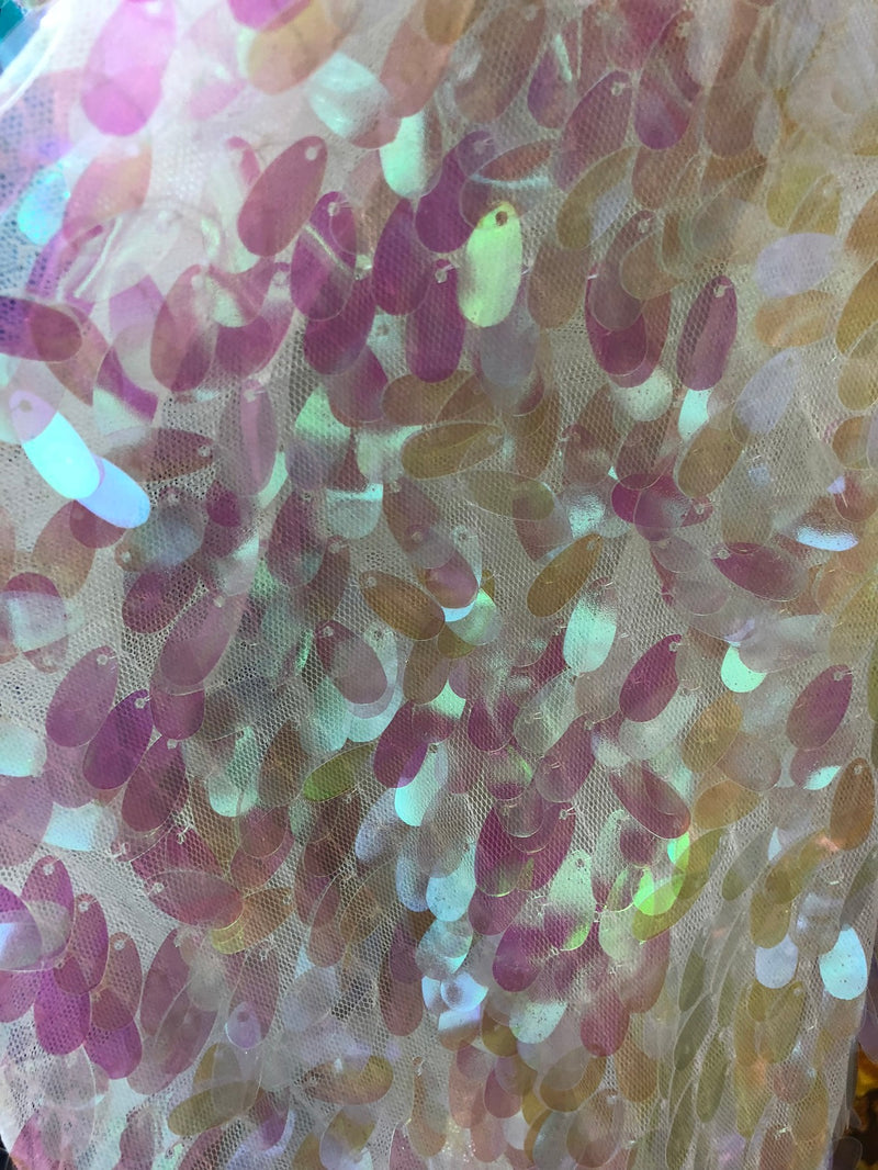Iridescent Oval Tear Drop Sequins Fabric Irisdescent Ivory/Pink Mermaid Shiny Fabrics By The Yard