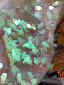 Iridescent Oval Tear Drop Sequins Fabric Irisdescent Ivory/Pink Mermaid Shiny Fabrics By The Yard