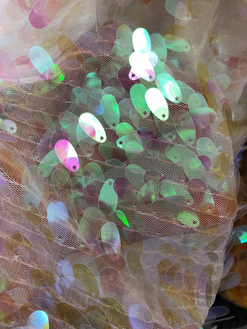 Iridescent Oval Tear Drop Sequins Fabric Irisdescent Ivory/Pink Mermaid Shiny Fabrics By The Yard