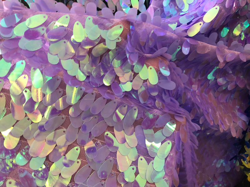 Iridescent Oval Tear Drop Sequins Fabric - Irisdescent Lilac Mermaid Shiny Fabrics By The Yard