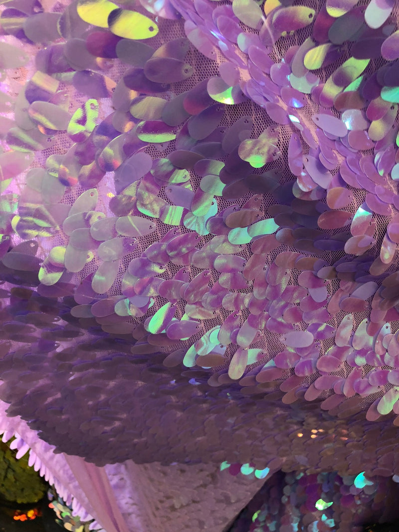 Iridescent Oval Tear Drop Sequins Fabric - Irisdescent Lilac Mermaid Shiny Fabrics By The Yard