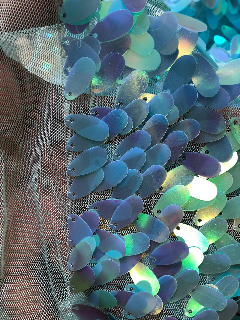 Iridescent Oval Tear Drop Sequins Fabric Irisdescent Baby Blue Mermaid Shiny Fabrics By The Yard