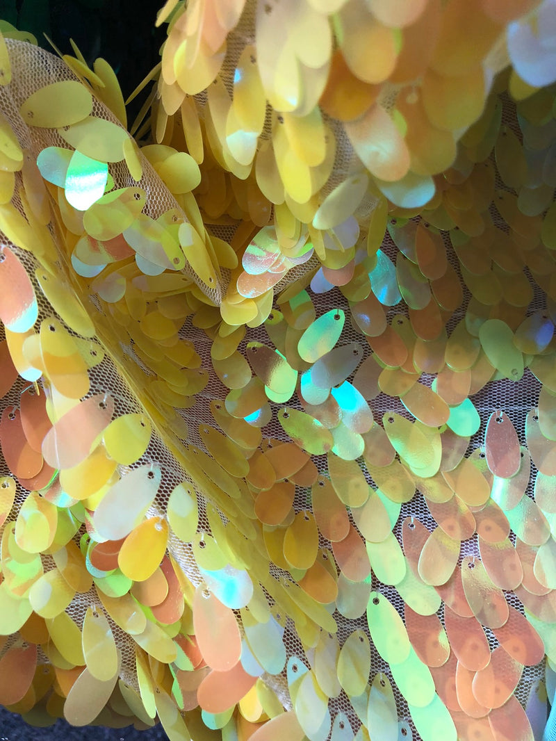 Iridescent Oval Tear Drop Sequins Fabric Irisdescent Yellow Mermaid Shiny Fabric By The Yard