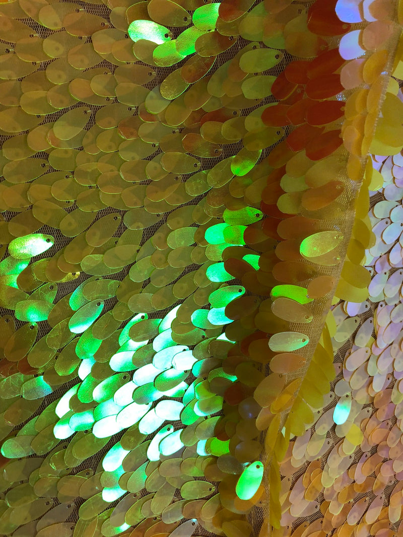 Iridescent Oval Tear Drop Sequins Fabric Irisdescent Yellow Mermaid Shiny Fabric By The Yard