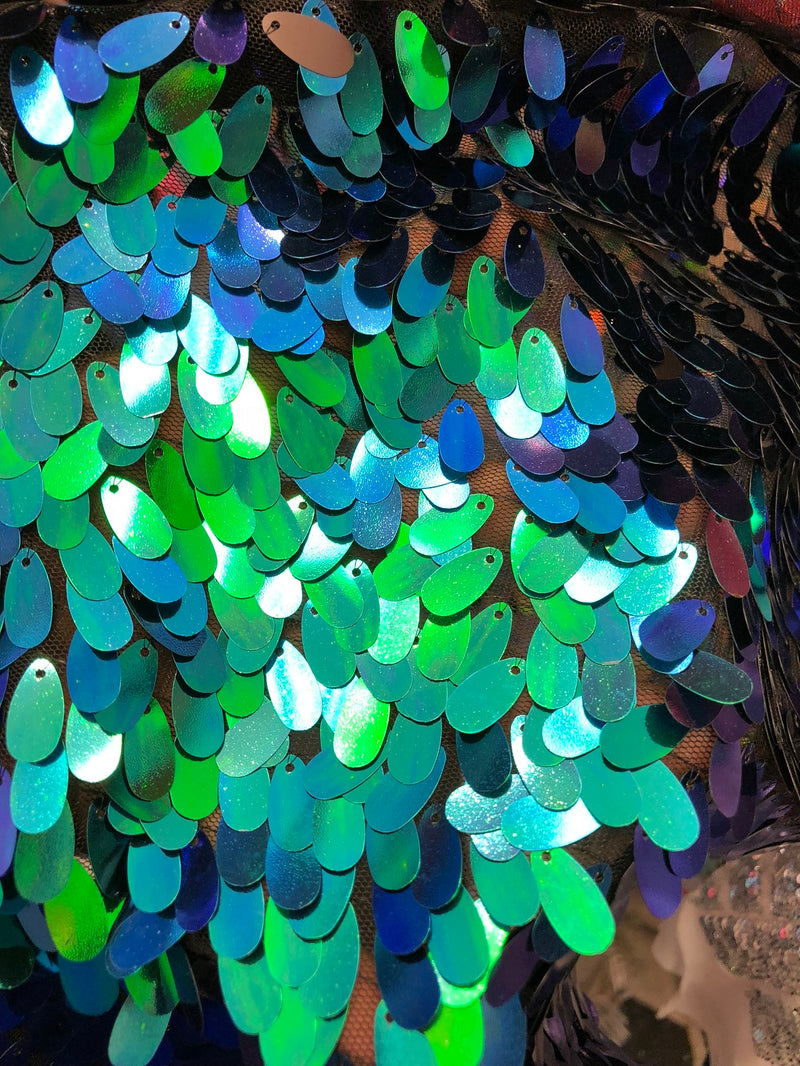 Iridescent Oval Tear Drop Sequins Fabric Irisdescent Green Mermaid Shiny Fabrics By The Yard