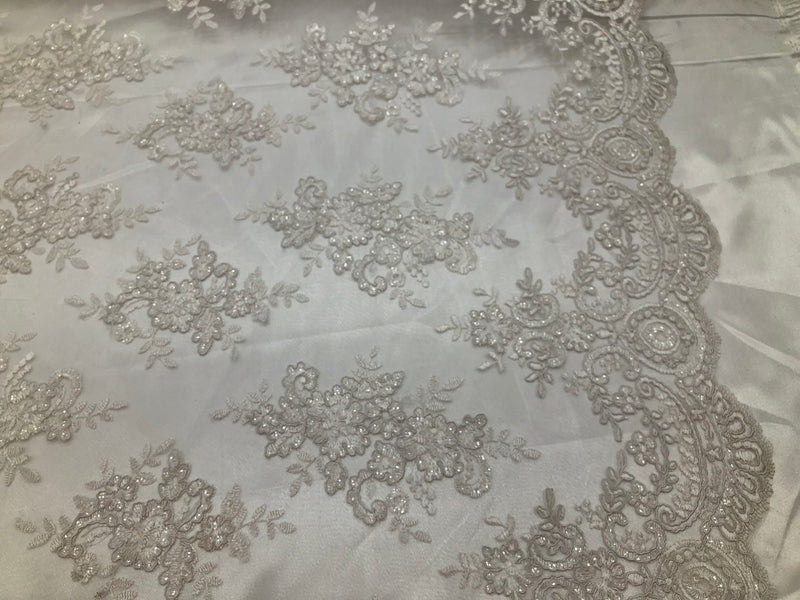 Floral Shiny Sequins Embroided Lace Fabric - White - Beautiful Fabrics Sold by The Yard