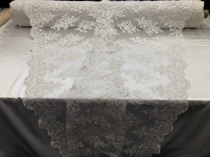 Floral Shiny Sequins Embroided Lace Fabric - White - Beautiful Fabrics Sold by The Yard
