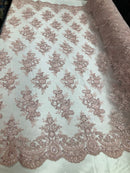 Floral Shiny Sequins Embroided Lace Fabric  - Blush Pink - Beautiful Fabrics Sold by The Yard