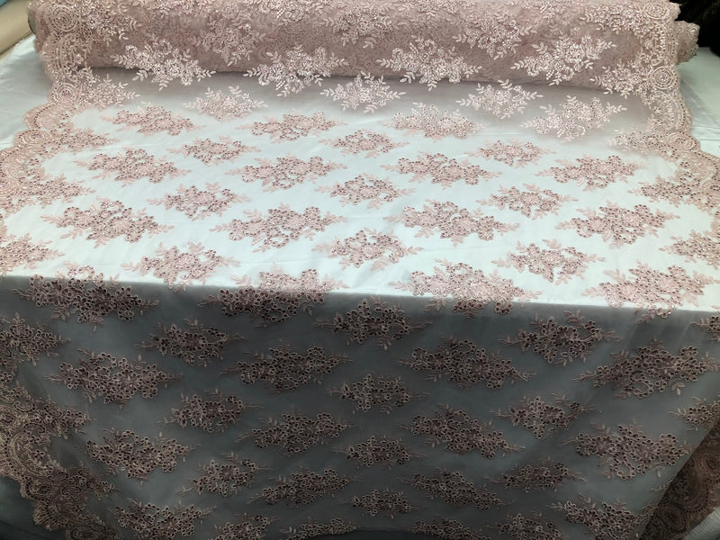 Floral Shiny Sequins Embroided Lace Fabric  - Blush Pink - Beautiful Fabrics Sold by The Yard