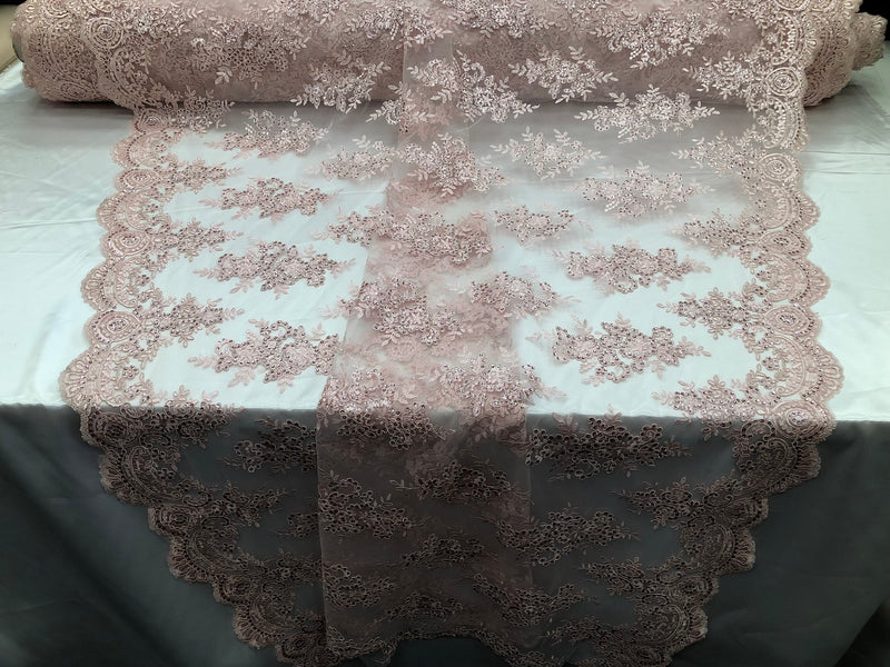 Floral Shiny Sequins Embroided Lace Fabric  - Blush Pink - Beautiful Fabrics Sold by The Yard