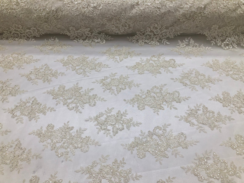 Floral Shiny Sequins Embroided Lace Fabric - Ivory  - Beautiful Fabrics Sold by The Yard