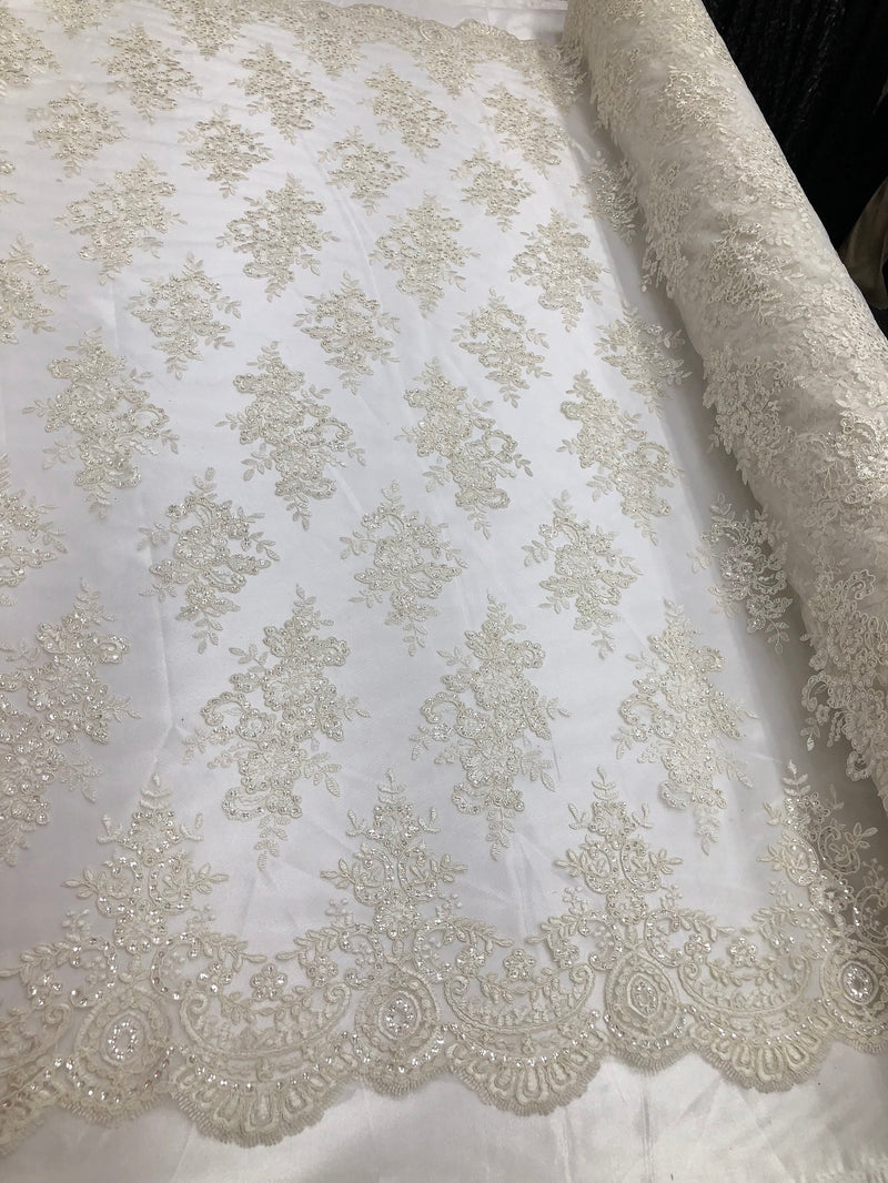 Floral Shiny Sequins Embroided Lace Fabric - Ivory  - Beautiful Fabrics Sold by The Yard
