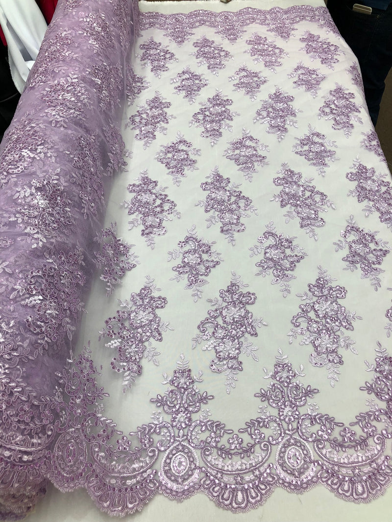 Floral Shiny Sequins Embroided Lace Fabric - Lilac - Beautiful Fabrics Sold by The Yard