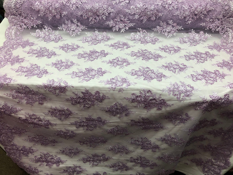Floral Shiny Sequins Embroided Lace Fabric - Lilac - Beautiful Fabrics Sold by The Yard