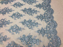 Floral Shiny Sequins Embroided Lace Fabric - Baby Blue  - Beautiful Fabrics Sold by The Yard