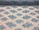 Floral Shiny Sequins Embroided Lace Fabric - Baby Blue  - Beautiful Fabrics Sold by The Yard